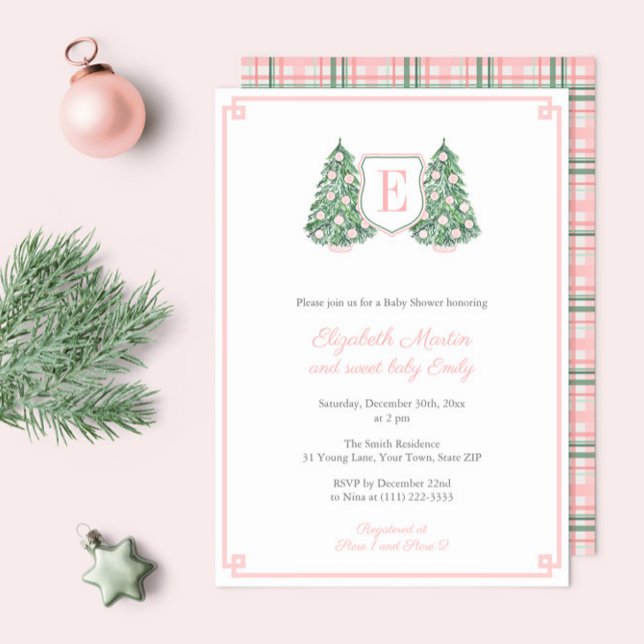Convites Chá de Bebê do Monograma Rosa Elegante (Elegant Pink Green Chinoiserie Christmas Monogram Baby Shower Invitations to welcome a little girl)