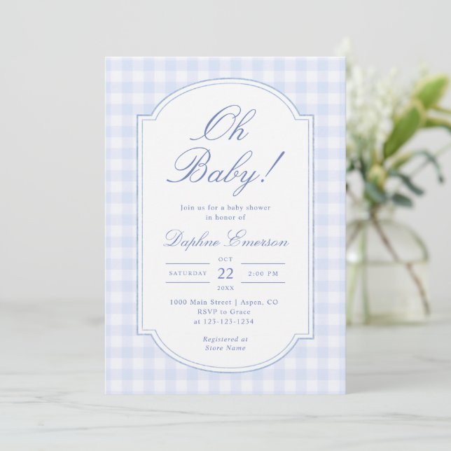 Convites Chá de Bebê do Oh Baby Blue Gingham (Em pé/Frente)