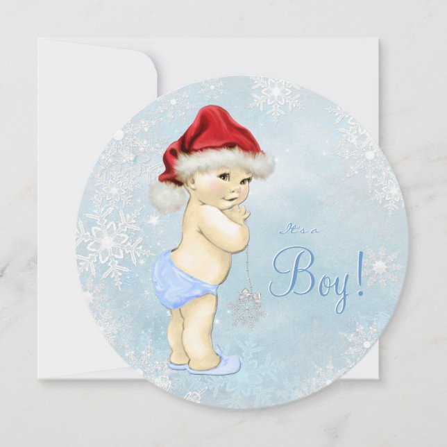 Convites Chá de Bebê do Papai Noel Fofo Azul Floco de Neve  (Frente)