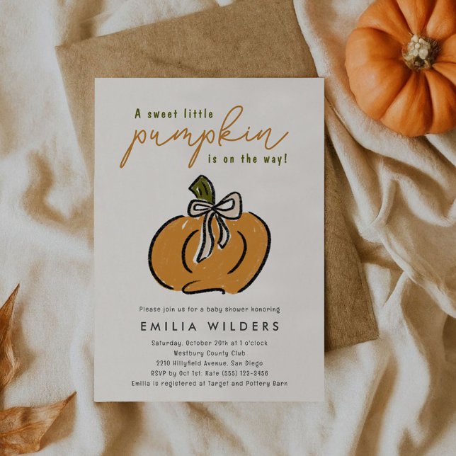 Convites Chá de Bebê do Pequeno Abóbora a Caminho (A sweet little pumpkin is on the way and we're ready to celebrate with cute baby shower invitations.)