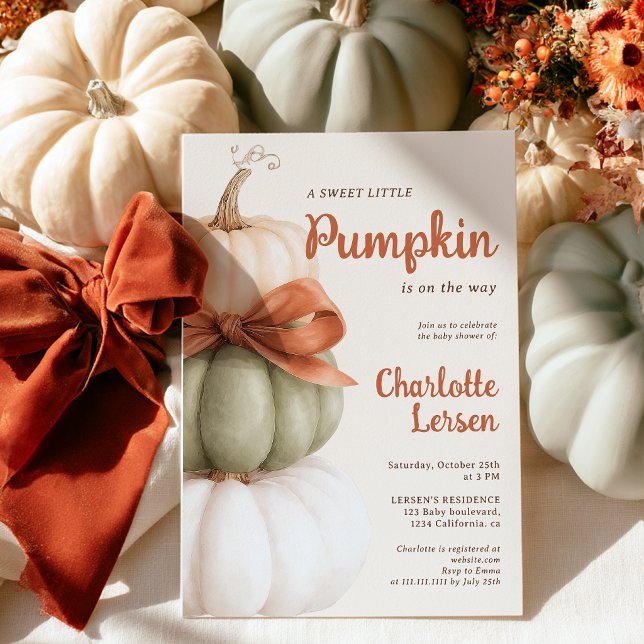 Convites Chá de Bebê do Pequeno Abóbora Neutro (Bow Little Pumpkin Gender Neutral Baby Shower Invitation)