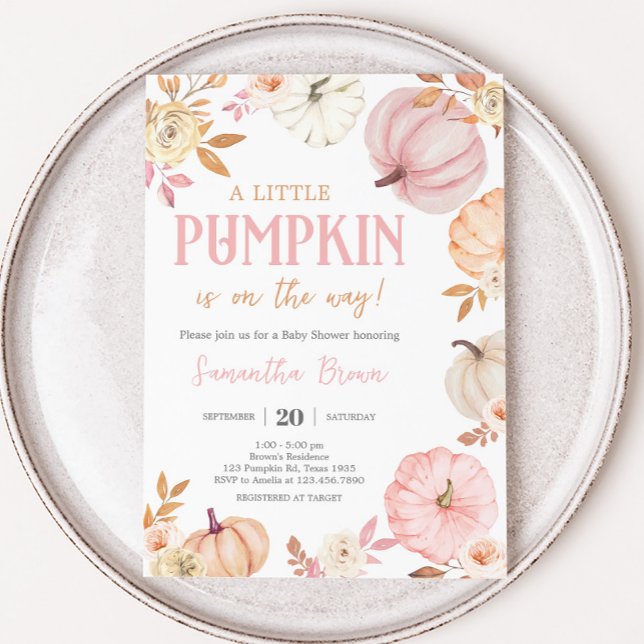 Convites Chá de Bebê do Pequeno Abóbora Rosa de Outono (Girl Little Pumpkin Fall Baby Shower Invitation)