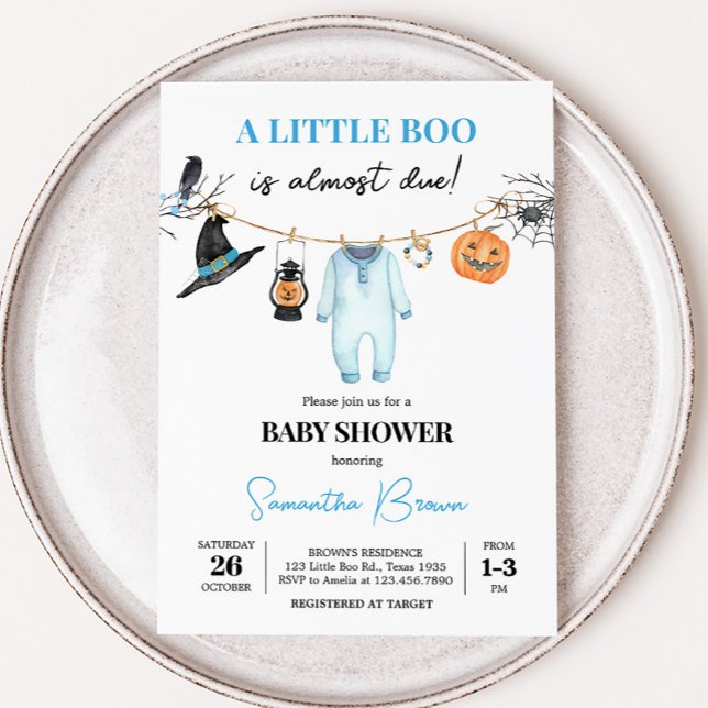 Convites Chá de Bebê do Pequeno Boo Azul de Halloween (Halloween Baby Clothes Baby Shower Invitation
)