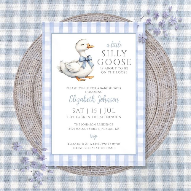 Convites Chá de Bebê do Pequeno Patinho Azul Azul  (Little Silly Goose Blue Boy Baby Shower Invitation)