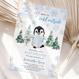 Convites Chá de Bebê do Pinguim de Inverno Azul