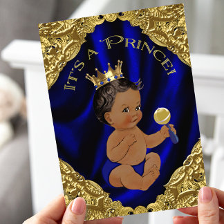 Convites Chá de Bebê do Príncipe Afro-Americano Ouro Azul
