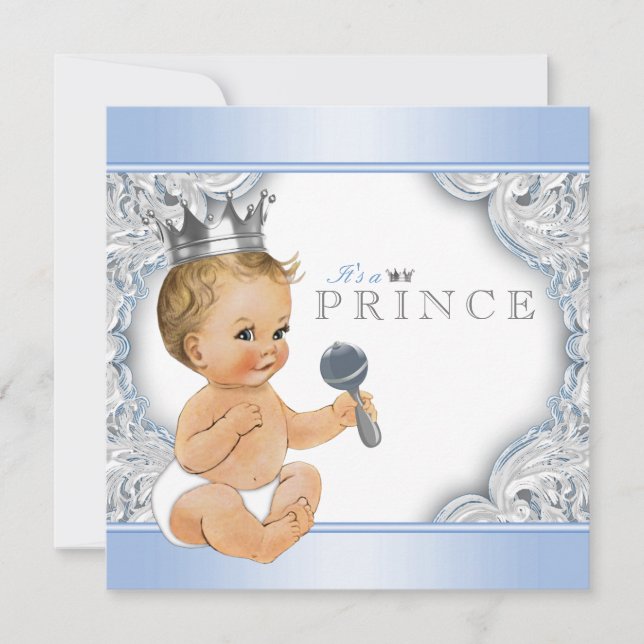 Convites Chá de Bebê do Príncipe Azul Prata Baby Blue (Frente)