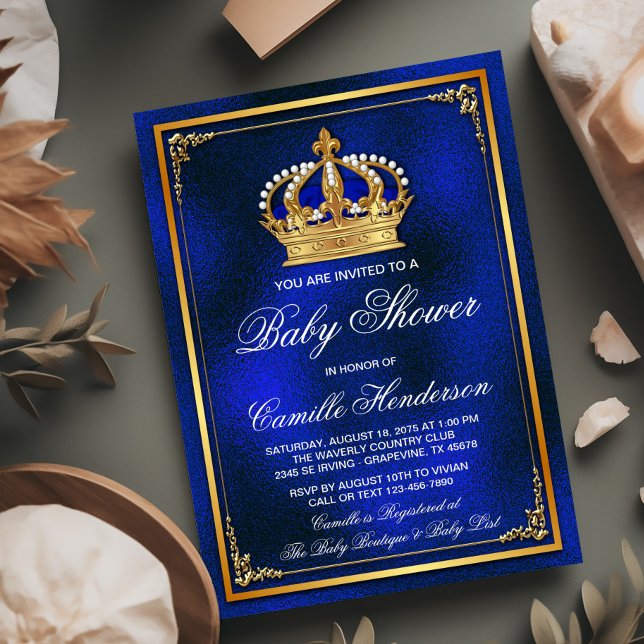 Convites Chá de Bebê do Príncipe Azul Real Dourado (Criador carregado)