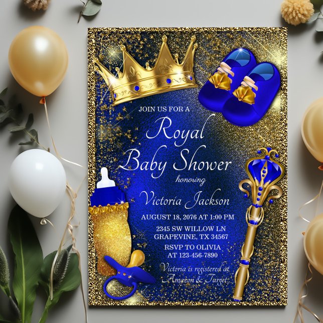 Convites Chá de Bebê do Príncipe Azul Realeza  (Royal blue gold prince baby shower with royal baby things on beautiful royal blue gold background.)