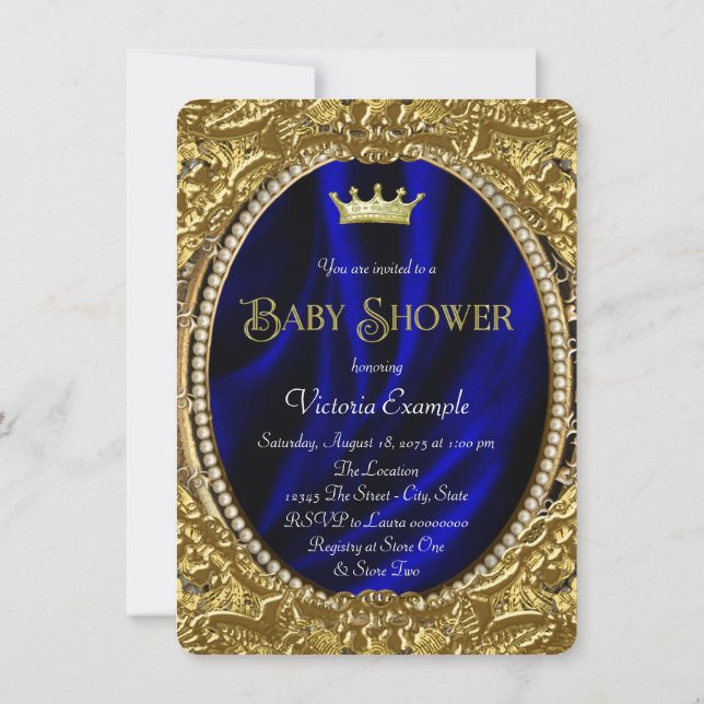 Convites Chá de Bebê do Príncipe Azul Royal e Dourado Elega (Verso)