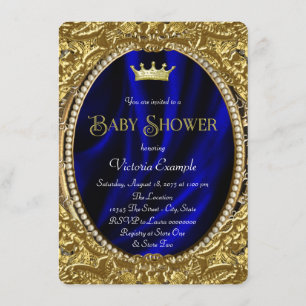 Convites Chá de Bebê do Príncipe Azul Royal e Dourado Elega