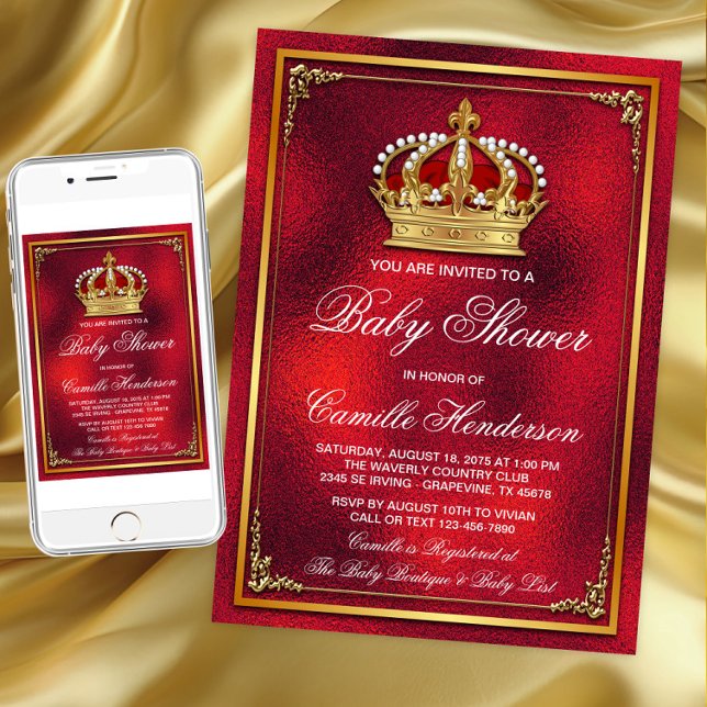 Convites Chá de Bebê do Príncipe Dourado Vermelho (Red gold prince baby shower any occasion invitation. Download and printed invitations available.)