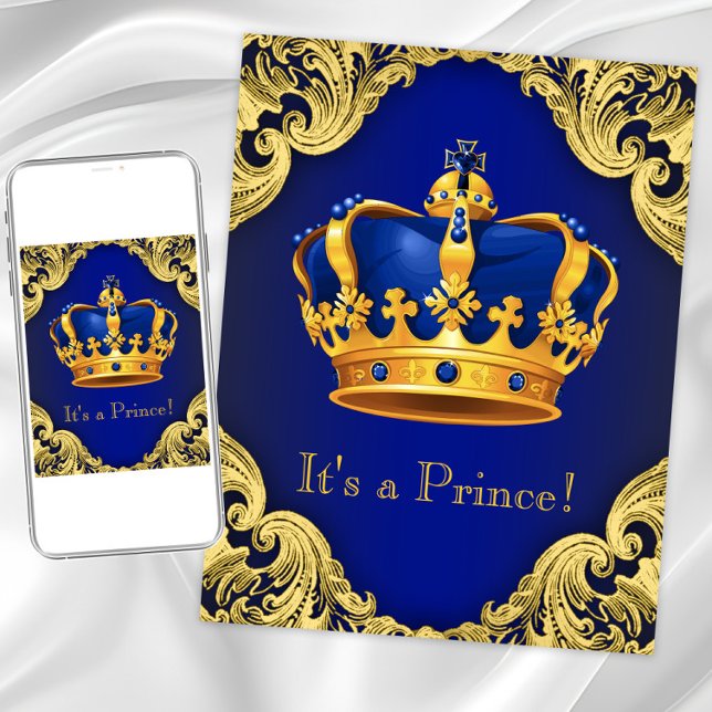 Convites Chá de Bebê do Príncipe Elegante Azul e Dourado (Prince crown baby shower invitation. Instant download and printed invitations available.)