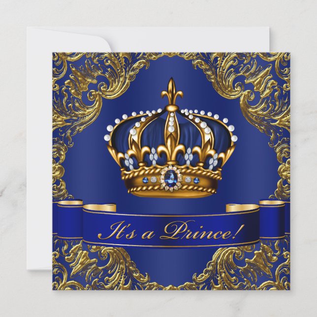 Convites Chá de Bebê do Príncipe Herdeiro Azul Real Dourado (Frente)