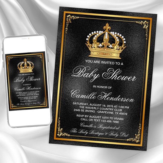 Convites Chá de Bebê do Príncipe Ouro Preto (Black gold prince baby shower invitation. Instant download and printed invitations available.)
