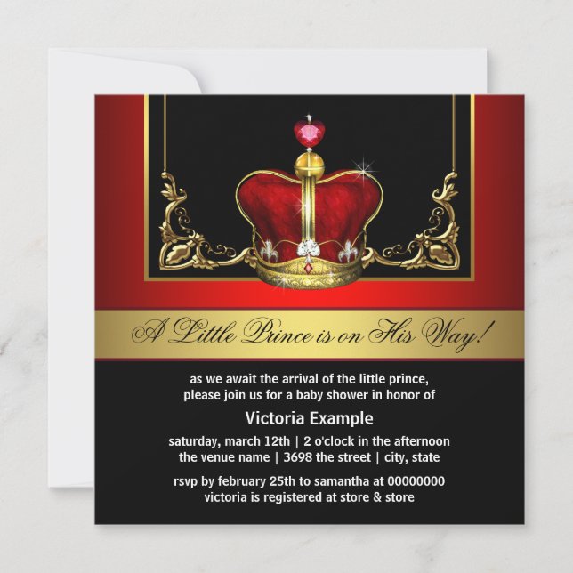 Convites Chá de Bebê do Príncipe Vermelho e Dourado Elegant (Frente)