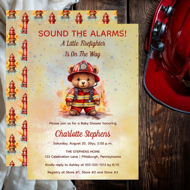 Convites Chá de Bebê do Ursinho Bombeiro Teddy (Sound the Alarms!  A Little Firefighter Is On The Way Cute Teddy Bear Baby Shower Invitation )