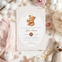 Chá de Bebê do Ursinho de Gingham Marrom Coraçãozi