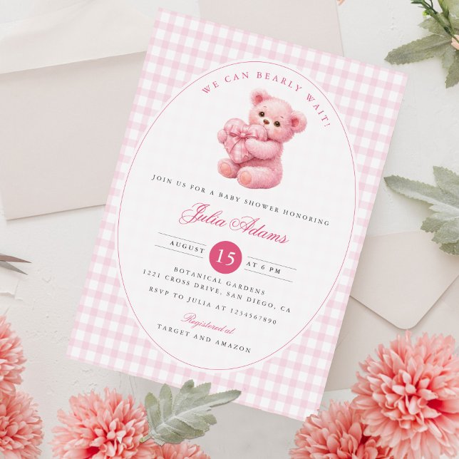 Convites Chá de Bebê do Ursinho de Gingham Rosa Pequeno Cor (Criador carregado)