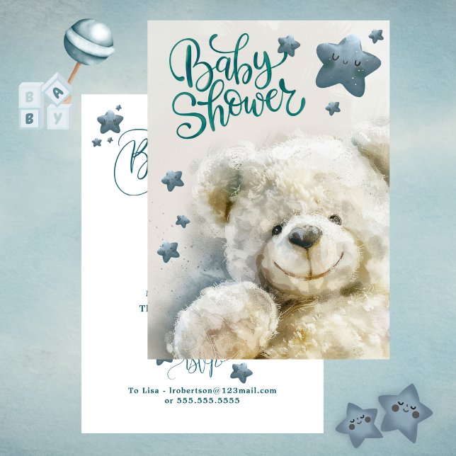 Convites Chá de Bebê do Ursinho de Pelúcia Fofo (Cute Teddy Bear Baby Shower Invitation Teal)