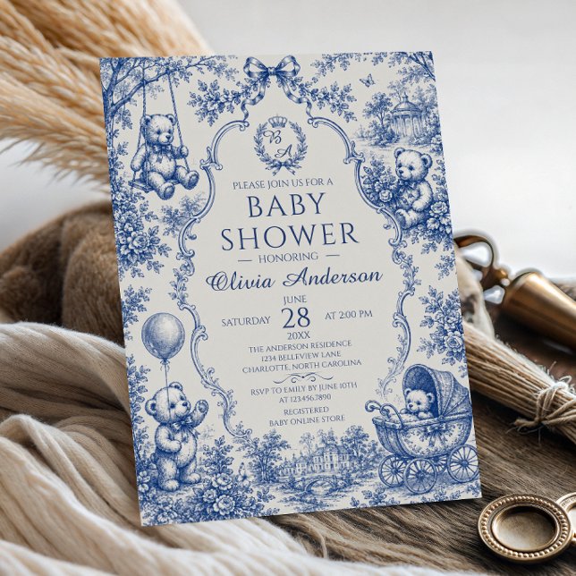 Convites Chá de Bebê do Ursinho de Toile Azul (Criador carregado)
