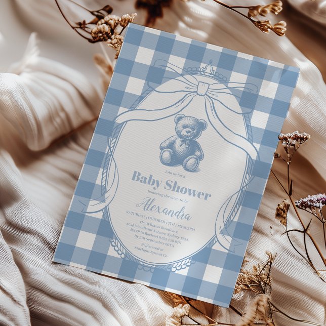 Convites Chá de Bebê do Ursinho Francês de Gingham (Criador carregado)