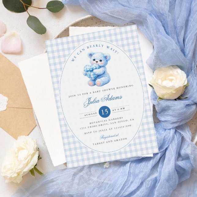 Convites Chá de Bebê do Ursinho Little Heart Blue Gingham (Criador carregado)