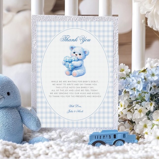 Convites Chá de Bebê do Ursinho Little Heart Blue Gingham (Criador carregado)