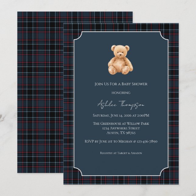 Convites Chá de Bebê do Ursinho Teddy Clássico Elegante (Frente/Verso)