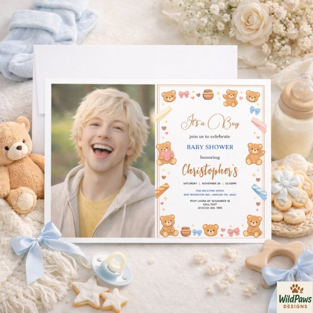 Convites Chá de Bebê do Ursinho Teddy - Menino | Urso Azul  (Teddy Bear Baby Shower Boy | Cute Blue Bear Invitation
)