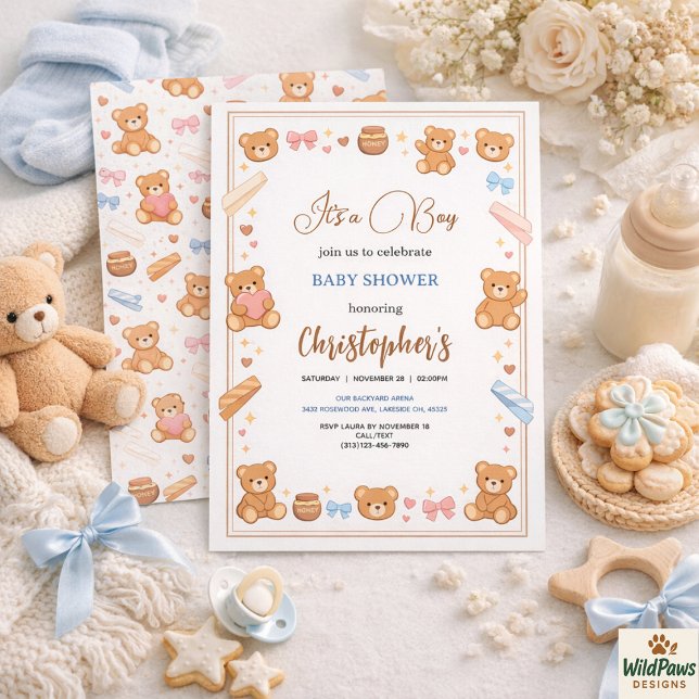 Convites Chá de Bebê do Ursinho Teddy Menino | Urso Azul Fo (Teddy Bear Baby Shower Boy | Cute Blue Bear Invitation
)
