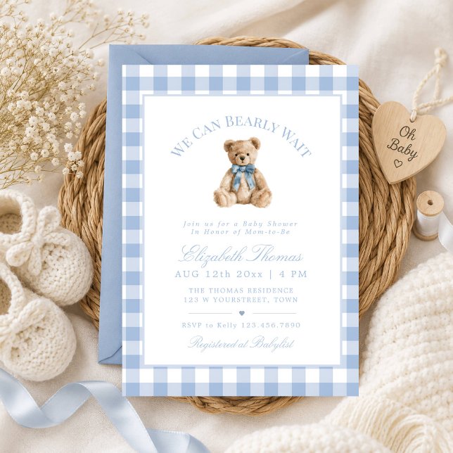 Convites Chá de Bebê do Ursinho Xadrez Azul Desbotado (Bear Gingham baby shower invite)