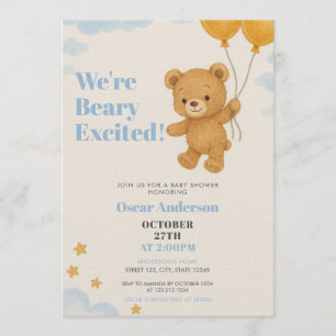 Convites Chá de Bebê do Urso Balões Dourados Aquarela Fofa