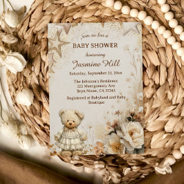 Convites Chá de Bebê do Urso de Pelúcia Bege Vintage