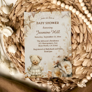Convites Chá de Bebê do Urso de Pelúcia Bege Vintage