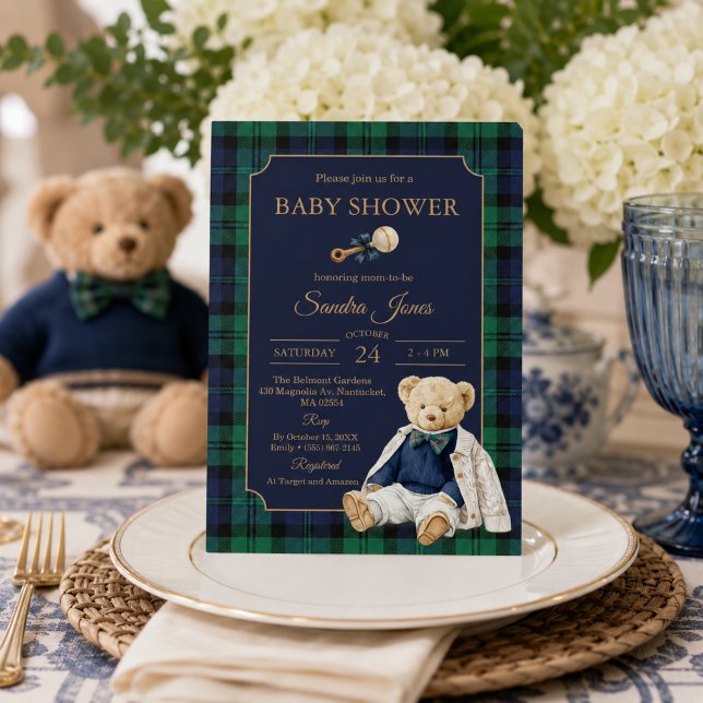 Convites Chá de Bebê do Urso de Pelúcia Elegante Polo Prepp (Elegant Preppy Polo Teddy Bear Baby shower Invitation)