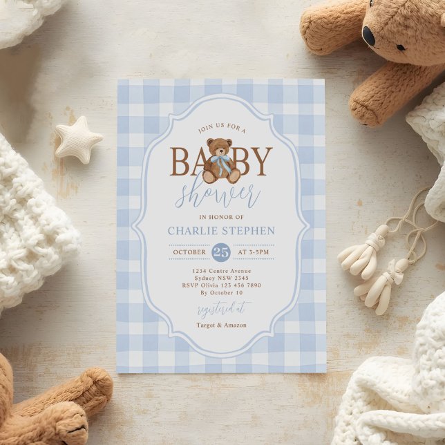 Convites Chá de Bebê do Urso Teddy Azul Xadrez Elegante (Criador carregado)