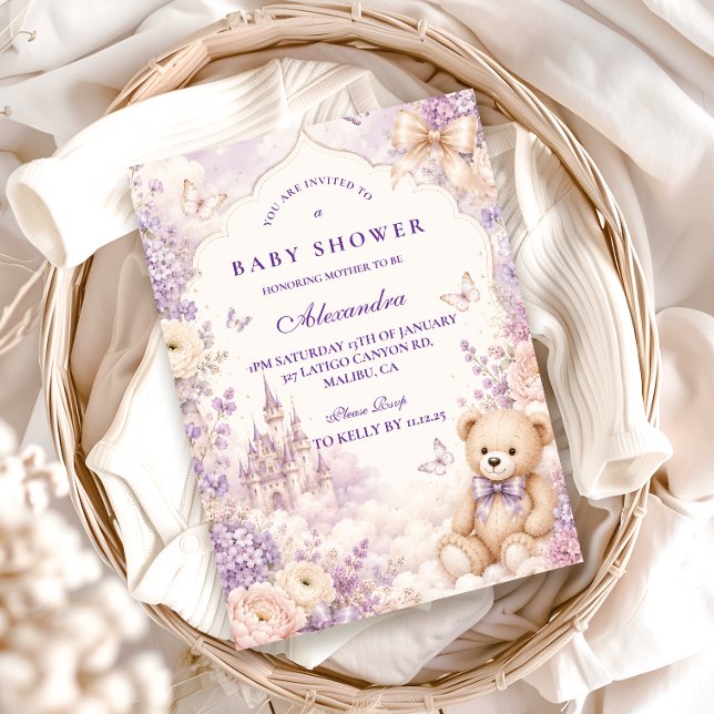 Convites Chá de Bebê do Urso Teddy Roxo Elegante (Criador carregado)