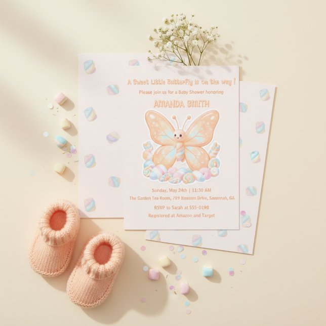 Convites Chá de Bebê Doce Borboleta Sorvete de Pêssego (Peach Sorbet Butterfly Sweet Baby Shower Invitation)