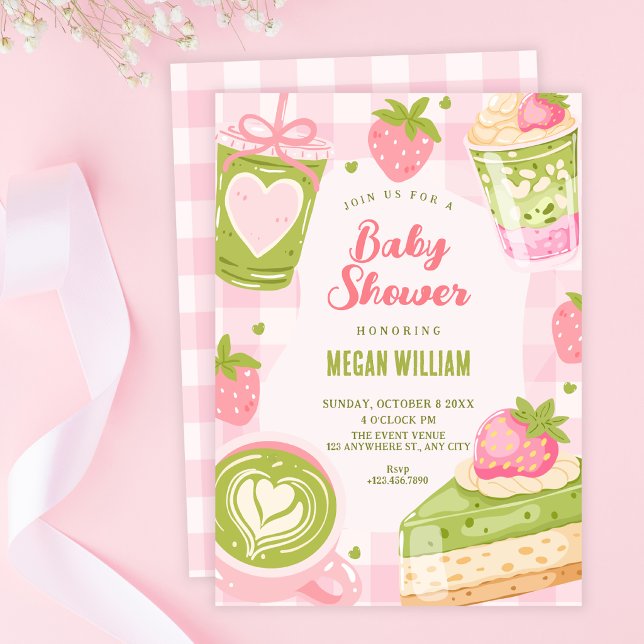 Convites Chá de bebê doce de morango matcha fofo (Criador carregado)