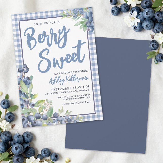 Convites Chá de Bebê Doce Mirtilo Xadrez Azul (Blueberry Gingham Berry Sweet Baby Shower Invitation)