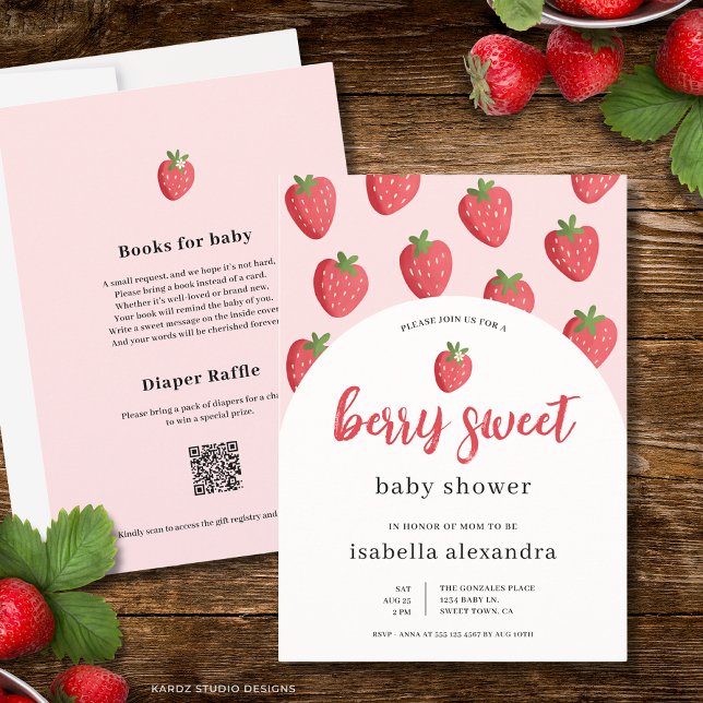 Convites Chá de Bebê Doce Morango Doce Fruta Rosa (The front and back of the invitation are shown in 5x7-inch size.Choose size, paper, and corner style)
