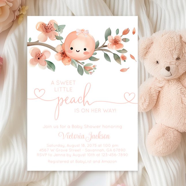 Convites Chá de Bebê Doce Pequeno Pêssego (Cute little peach baby shower invitation with adorable baby girl peach and peach branch.)