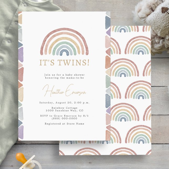 Convites Chá de Bebê dos Gêmeos Arco-íris (Boho Colorful Rainbow Twins Baby Shower Invitation by Painted Paperie
)