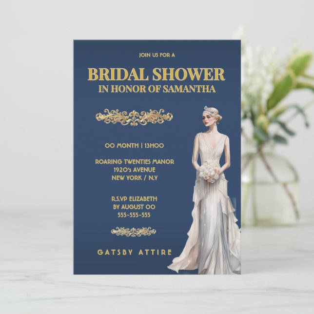 Convites Chá de Bebê Dourado Azul Gatsby Elegante (Em pé/Frente)