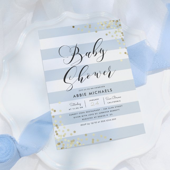 Convites Chá de Bebê | Dourado e Elegante Confetti & Blue S (Criador carregado)