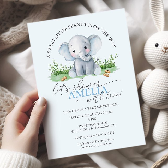 Convites Chá de Bebê Elefante Amendoim Doce Menino (Sweet Little Peanut Elephant Baby Boy Shower Invitation)