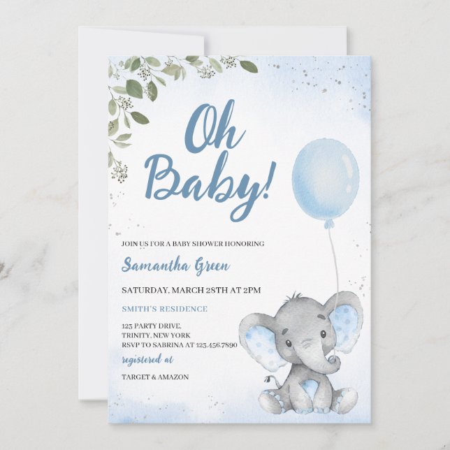 Convites Chá de Bebê Elefante Azul (Frente)
