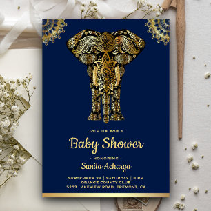 Convites Chá de Bebê Elefante Azul Dourado Indiano