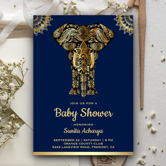 Convites Chá de Bebê Elefante Azul Dourado Indiano (Criador carregado)